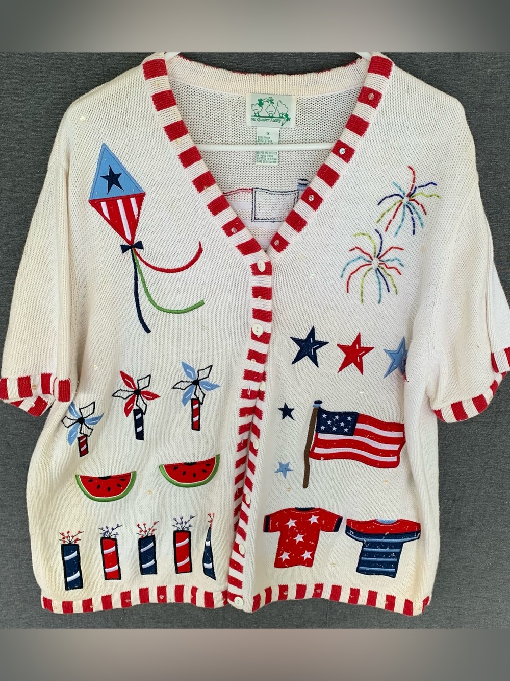 Vintage The Quacker Factory Fourth of July American Embroidered Cardigan Sweater